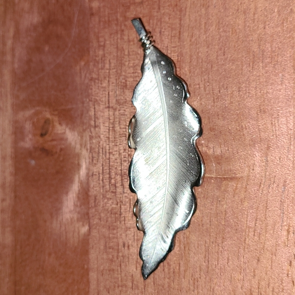 Vintage Jewelry - Vintage Brushed Silver-tone Brooch Long Leaf or Feather with stamped design MCM